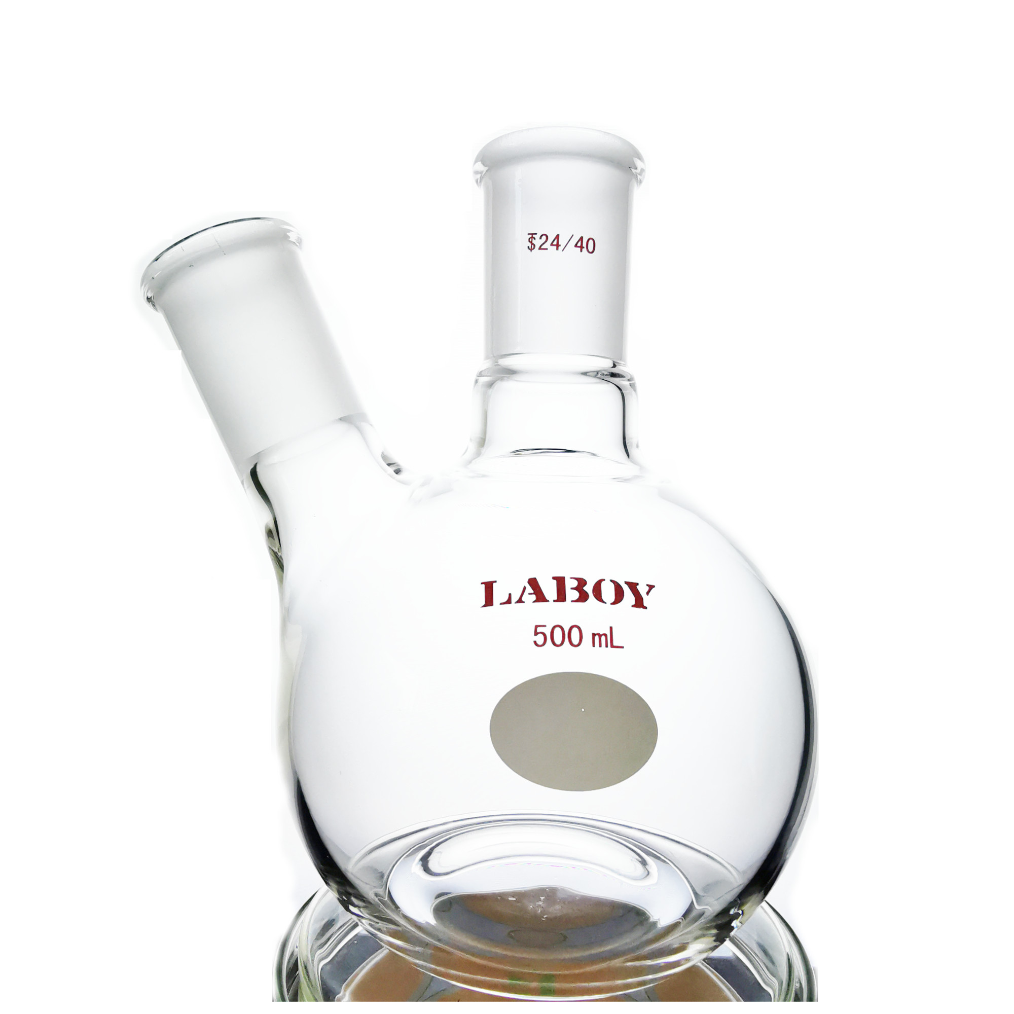 Laboy 500mL 2-neck flat bottom boiling flask with angled side neck heavy wall glass