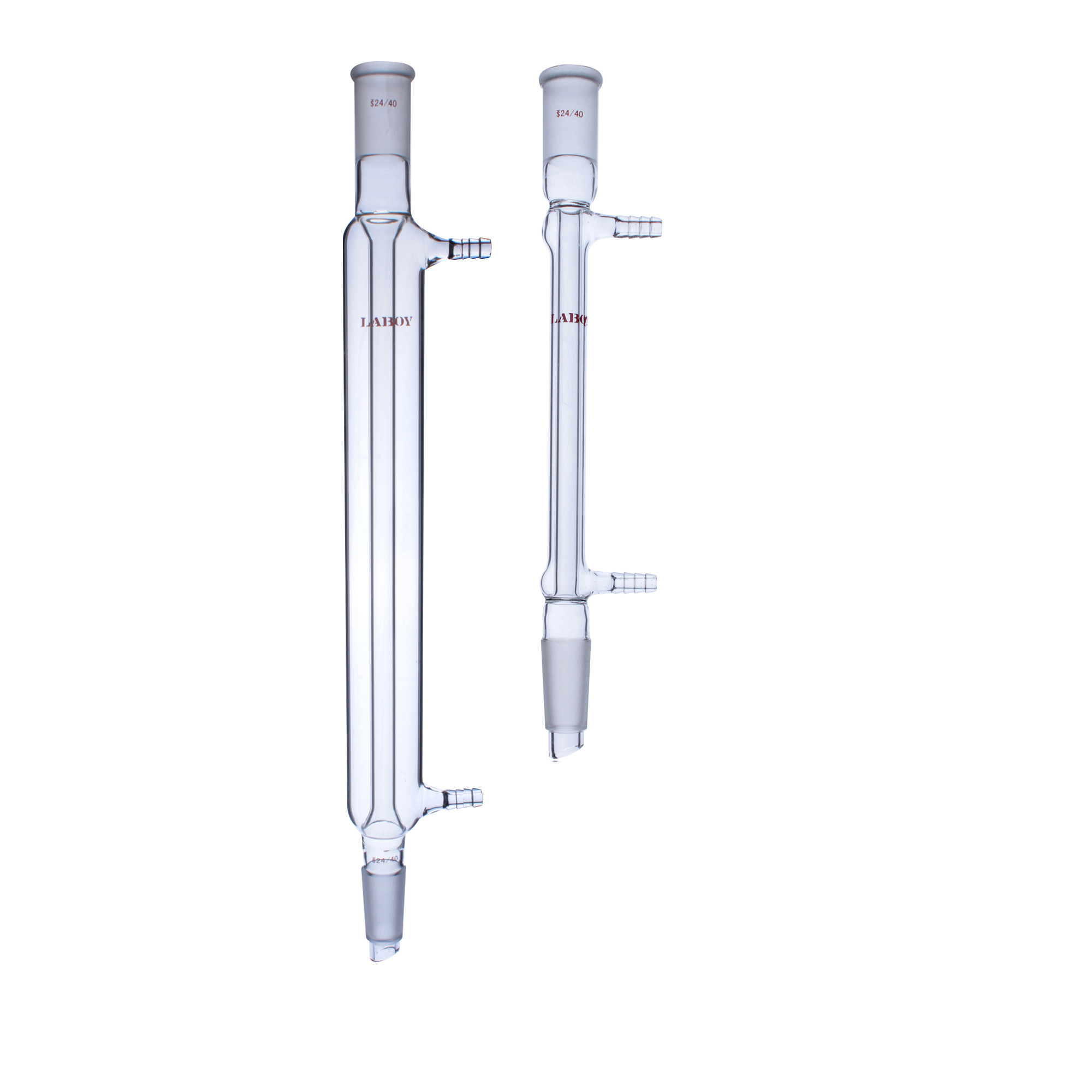 Comparison of Liebig and West laboratory glass condensers showing the difference in jacket width.